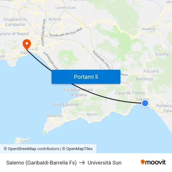 Salerno (Garibaldi-Barrella Fs) to Università Sun map