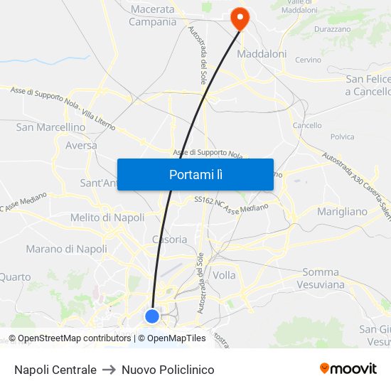 Napoli Centrale to Nuovo Policlinico map