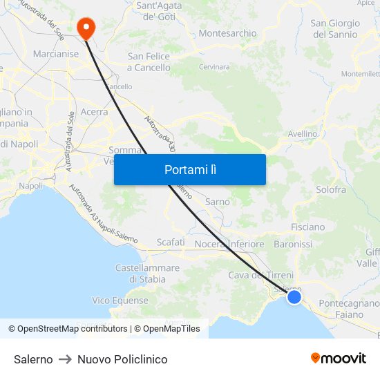 Salerno to Nuovo Policlinico map