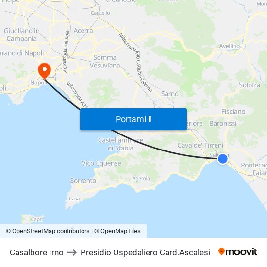 Casalbore Irno to Presidio Ospedaliero Card.Ascalesi map