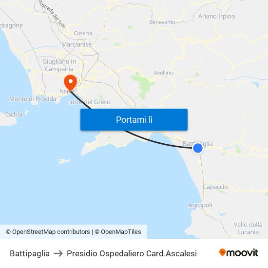 Battipaglia to Presidio Ospedaliero Card.Ascalesi map