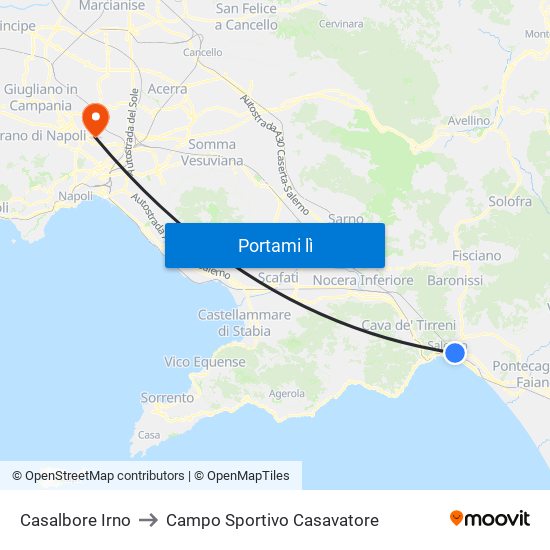 Casalbore Irno to Campo Sportivo Casavatore map