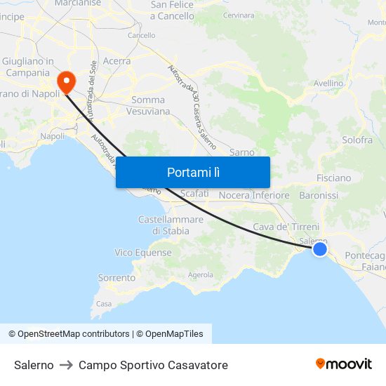 Salerno to Campo Sportivo Casavatore map