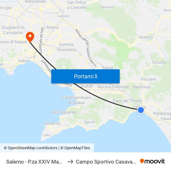 Salerno - P.za XXIV Maggio to Campo Sportivo Casavatore map