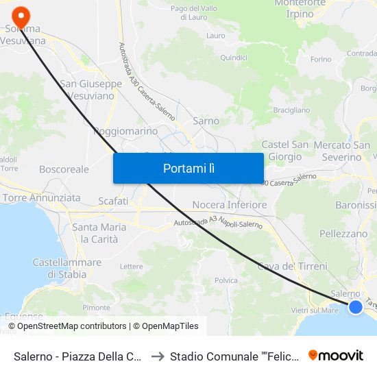 Salerno - Piazza Della Concordia to Stadio Comunale ""Felice Nappi"" map