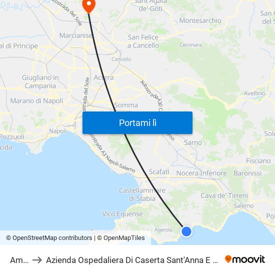 Amalfi to Azienda Ospedaliera Di Caserta Sant'Anna E San Sebastiano map