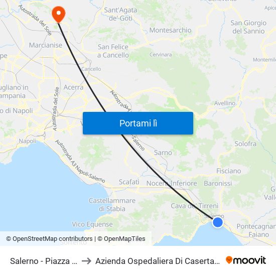 Salerno - Piazza Della Concordia to Azienda Ospedaliera Di Caserta Sant'Anna E San Sebastiano map