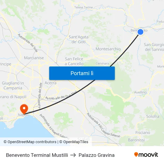 Benevento Terminal Mustilli to Palazzo Gravina map