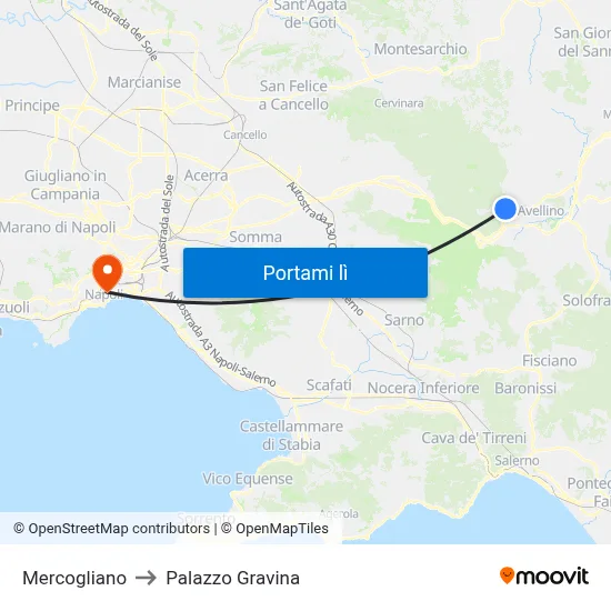 Mercogliano to Palazzo Gravina map