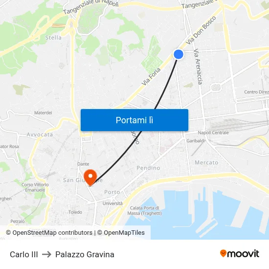 Carlo III to Palazzo Gravina map