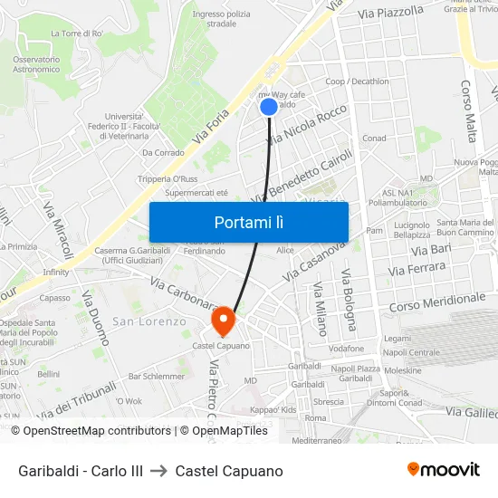Garibaldi - Carlo III to Castel Capuano map