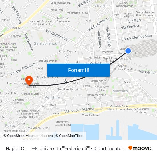 Napoli Centrale to Università ""Federico Ii"" - Dipartimento Di Scienze Sociali map