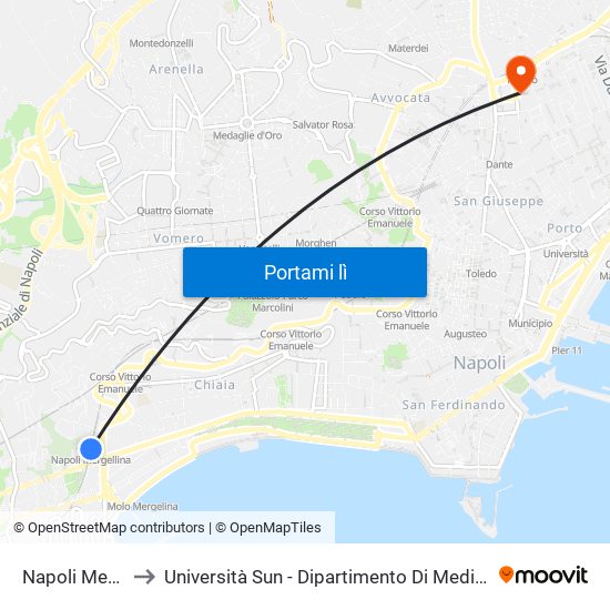 Napoli Mergellina to Università Sun - Dipartimento Di Medicina Sperimentale map