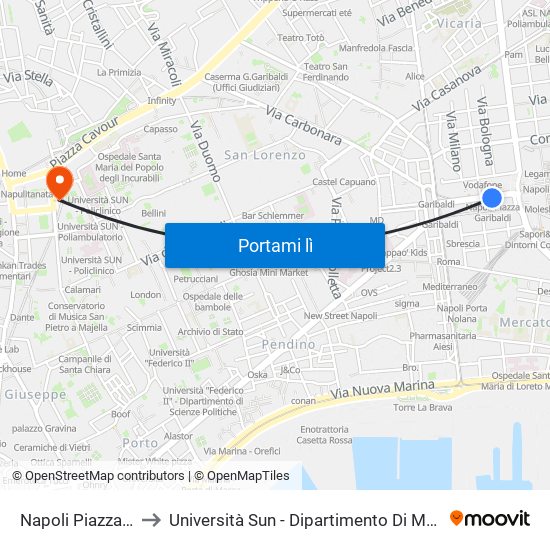 Napoli Piazza Garibaldi to Università Sun - Dipartimento Di Medicina Sperimentale map