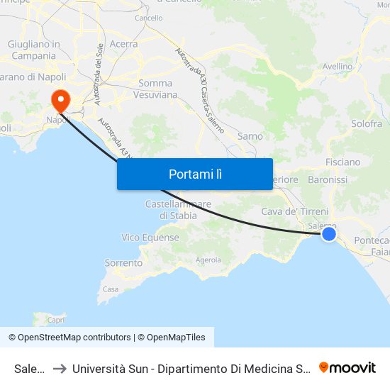 Salerno to Università Sun - Dipartimento Di Medicina Sperimentale map