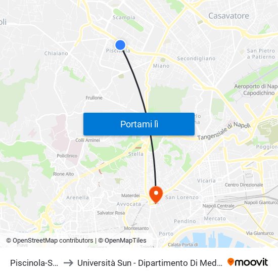 Piscinola-Scampia to Università Sun - Dipartimento Di Medicina Sperimentale map