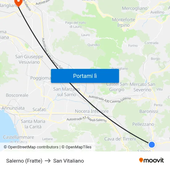 Salerno (Fratte) to San Vitaliano map