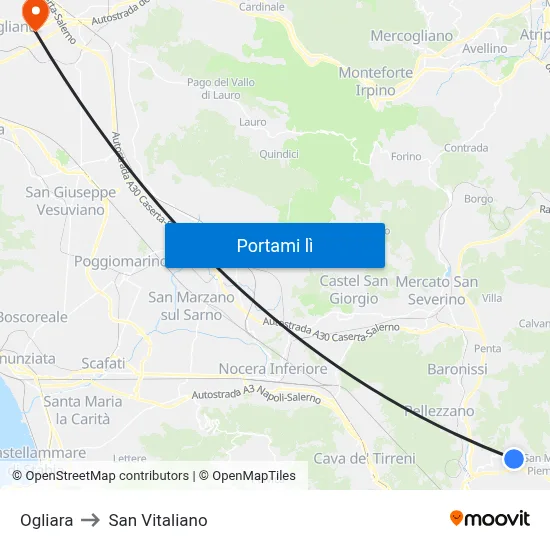 Ogliara to San Vitaliano map