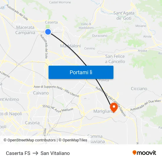 Caserta FS to San Vitaliano map