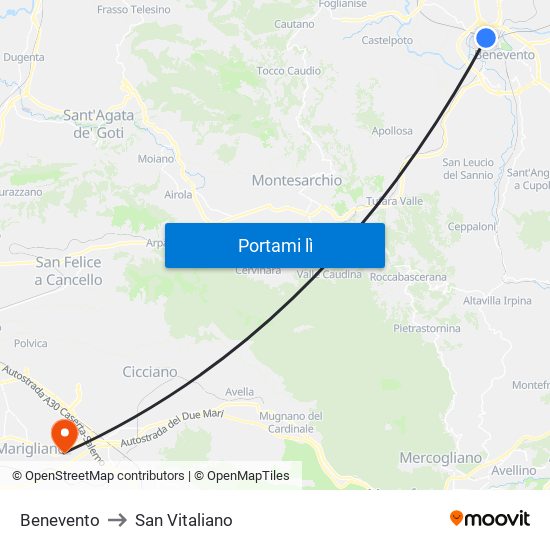 Benevento to San Vitaliano map