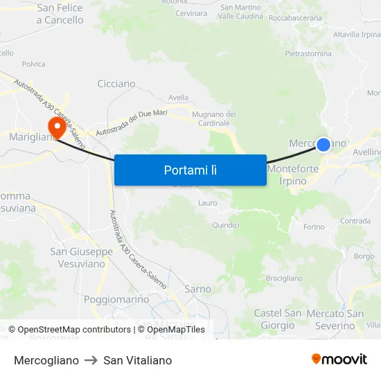 Mercogliano to San Vitaliano map
