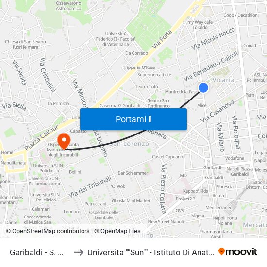 Garibaldi - S. Maria Della Fede to Università ""Sun"" - Istituto Di Anatomia Patologica ""L.Armanni"" map