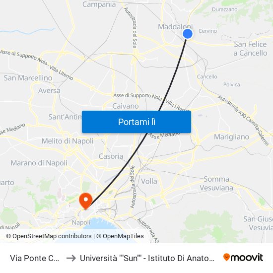 Via Ponte Carolino, 216 to Università ""Sun"" - Istituto Di Anatomia Patologica ""L.Armanni"" map