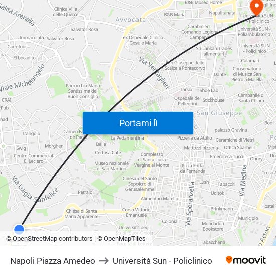 Napoli Piazza Amedeo to Università Sun - Policlinico map