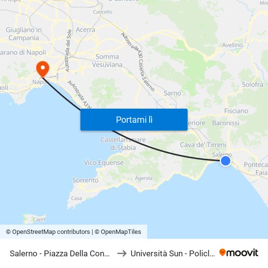 Salerno - Piazza Della Concordia to Università Sun - Policlinico map
