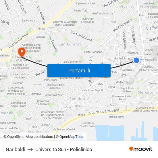 Garibaldi to Università Sun - Policlinico map