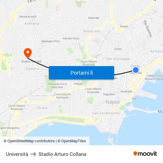 Università to Stadio Arturo Collana map