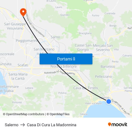 Salerno to Casa Di Cura La Madonnina map