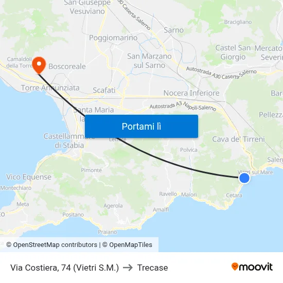 Via Costiera, 74 (Vietri S.M.) to Trecase map