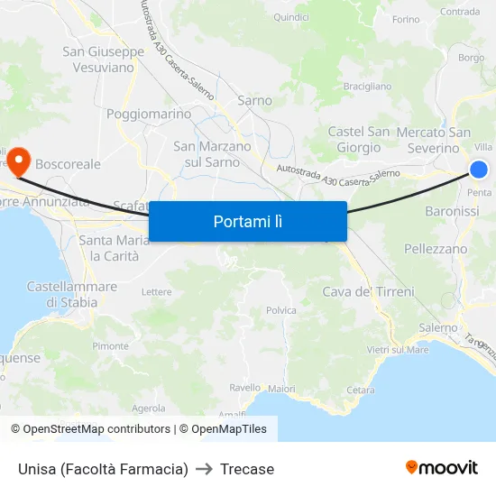 Unisa (Facoltà Farmacia) to Trecase map