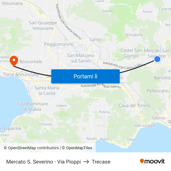 Mercato S. Severino - Via Pioppi to Trecase map