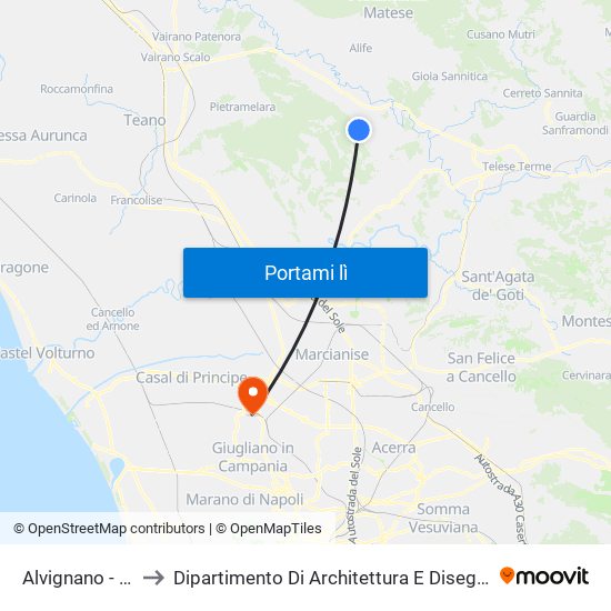 Alvignano - Poste to Dipartimento Di Architettura E Disegno Industriale map