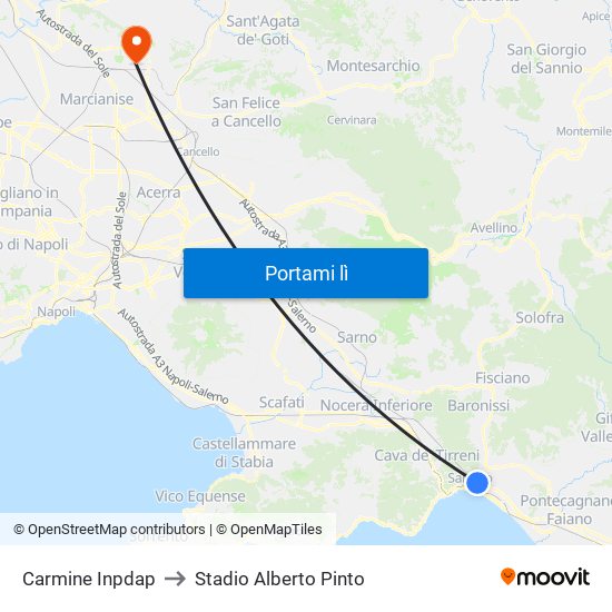 Carmine Inpdap to Stadio Alberto Pinto map