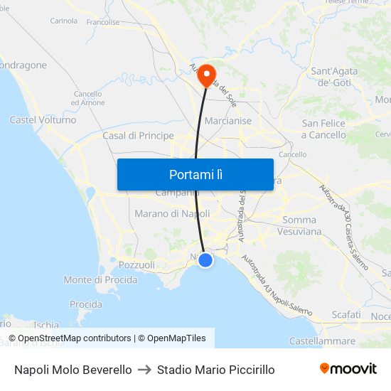 Napoli Molo Beverello to Stadio Mario Piccirillo map
