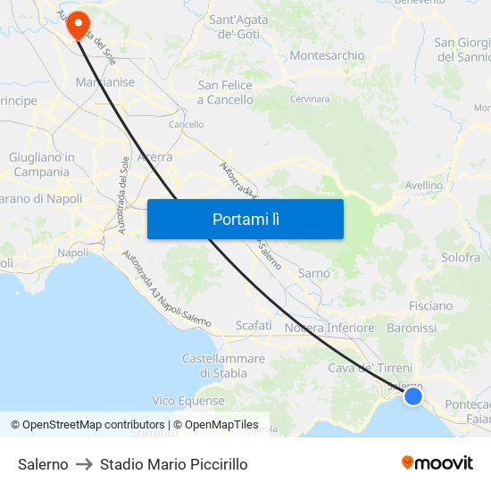 Salerno to Stadio Mario Piccirillo map