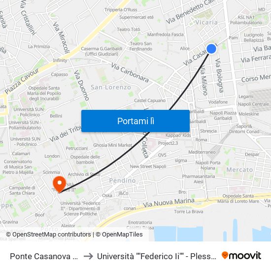 Ponte Casanova - Ist. Gabelli to Università ""Federico Ii"" - Plesso Mezzocannone 8 map