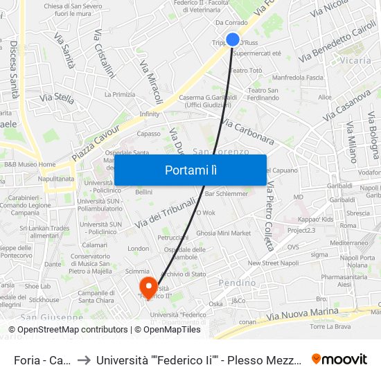 Foria - Cavara to Università ""Federico Ii"" - Plesso Mezzocannone 8 map