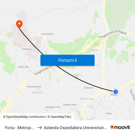 Foria - Metropolitana to Azienda Ospedaliera Universitaria Federico II map