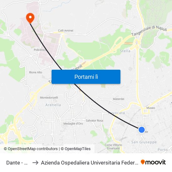 Dante - M1 to Azienda Ospedaliera Universitaria Federico II map