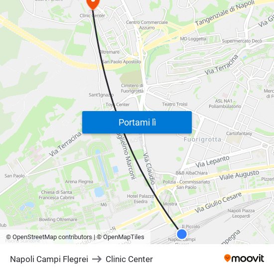 Napoli Campi Flegrei to Clinic Center map