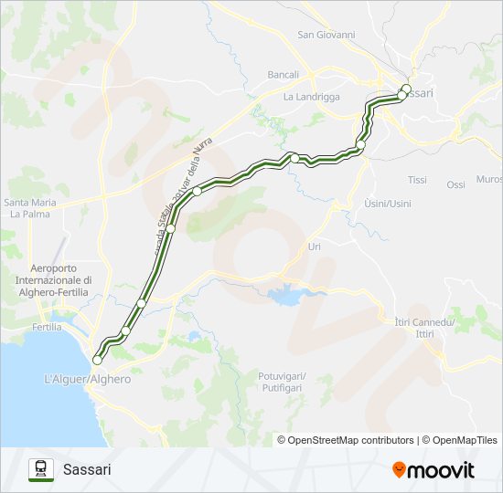 Percorso linea treno SASSARI-ALGHERO