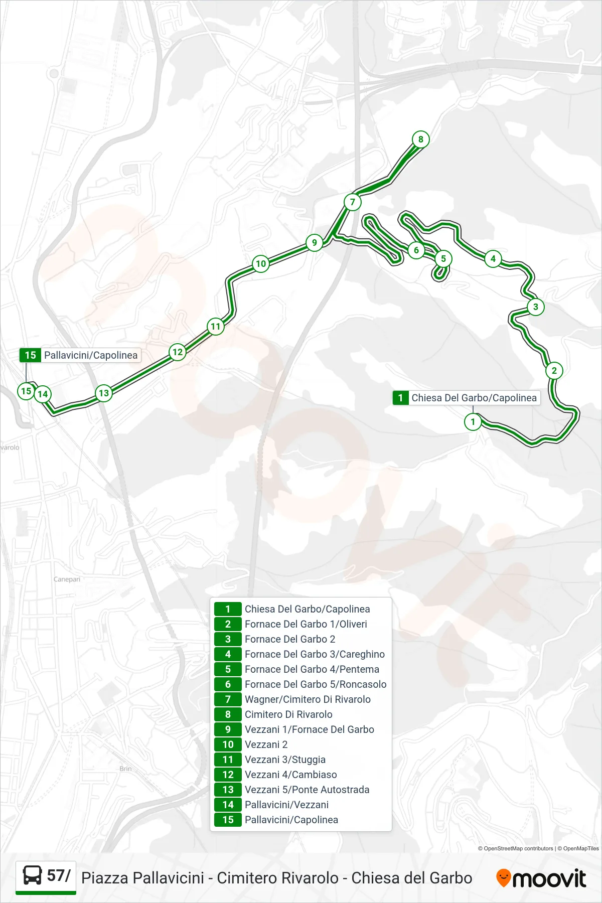 Linea 57/ bus (Cim. Rivarolo ➡️ P.za Pallavicini) - Percorsi e fermate sulla mappa