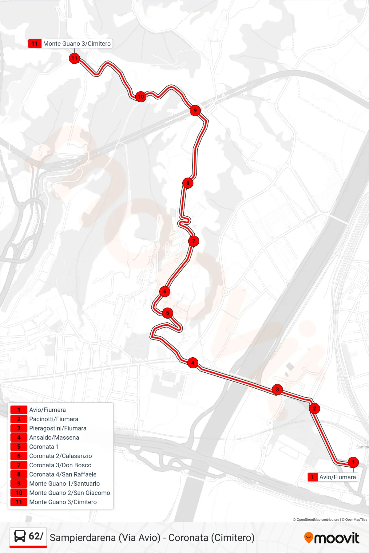 Linea 62/ bus (Cimitero Di Coronata) - Percorsi e fermate sulla mappa