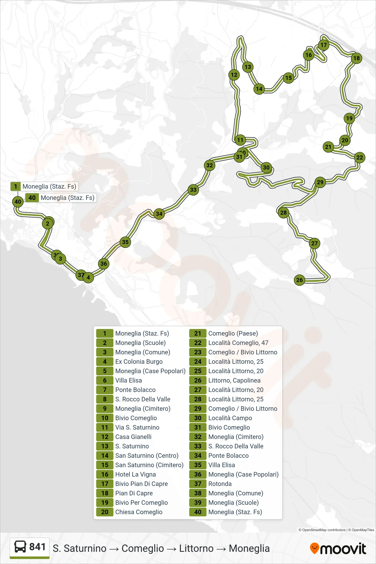 Linea 841  bus (S. Saturnino → Comeglio → Littorno → Moneglia) - Percorsi e fermate sulla mappa