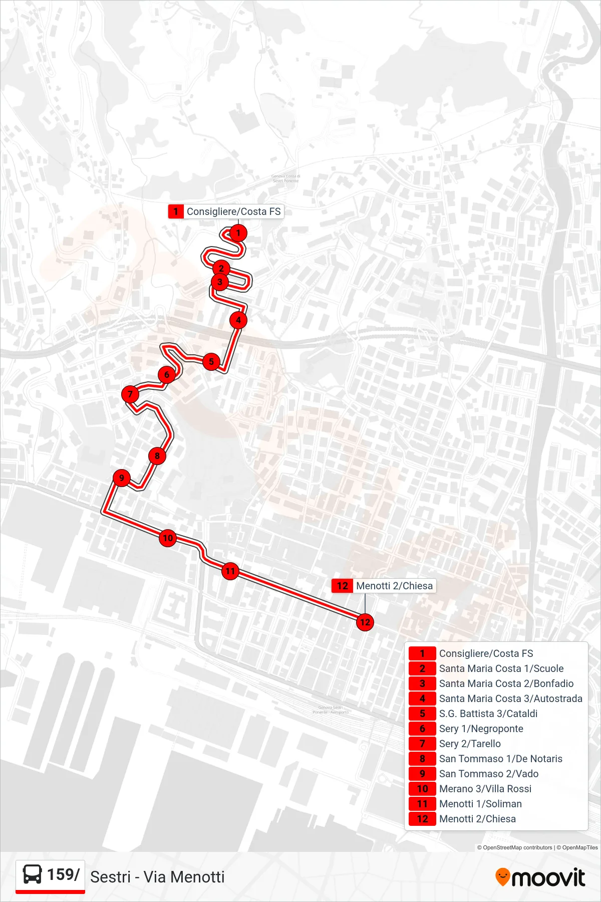 Linea 159/ bus (Sestri - Via Menotti) - Percorsi e fermate sulla mappa
