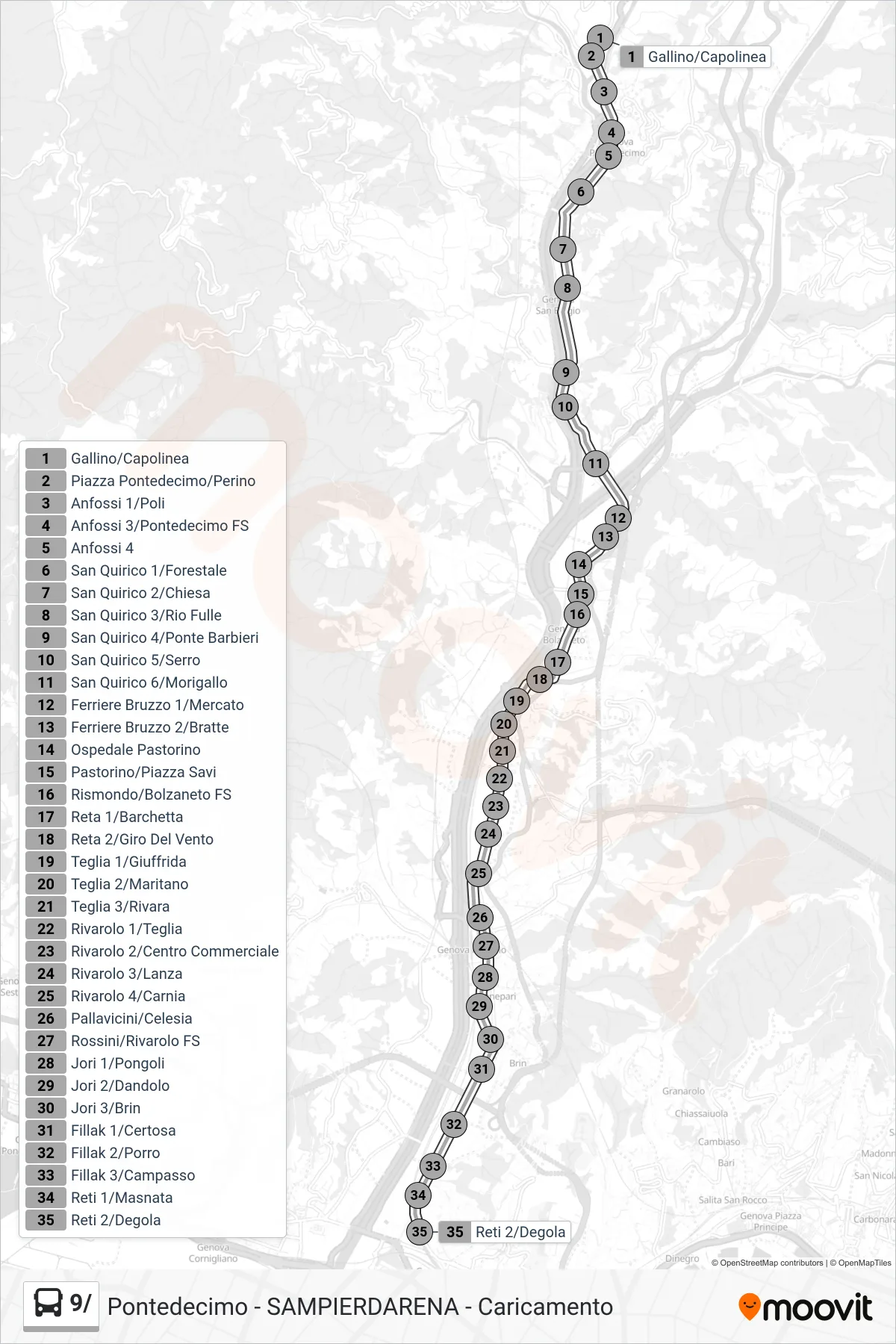 Linea 9/  bus (Rimessa Sampierdarena) - Percorsi e fermate sulla mappa